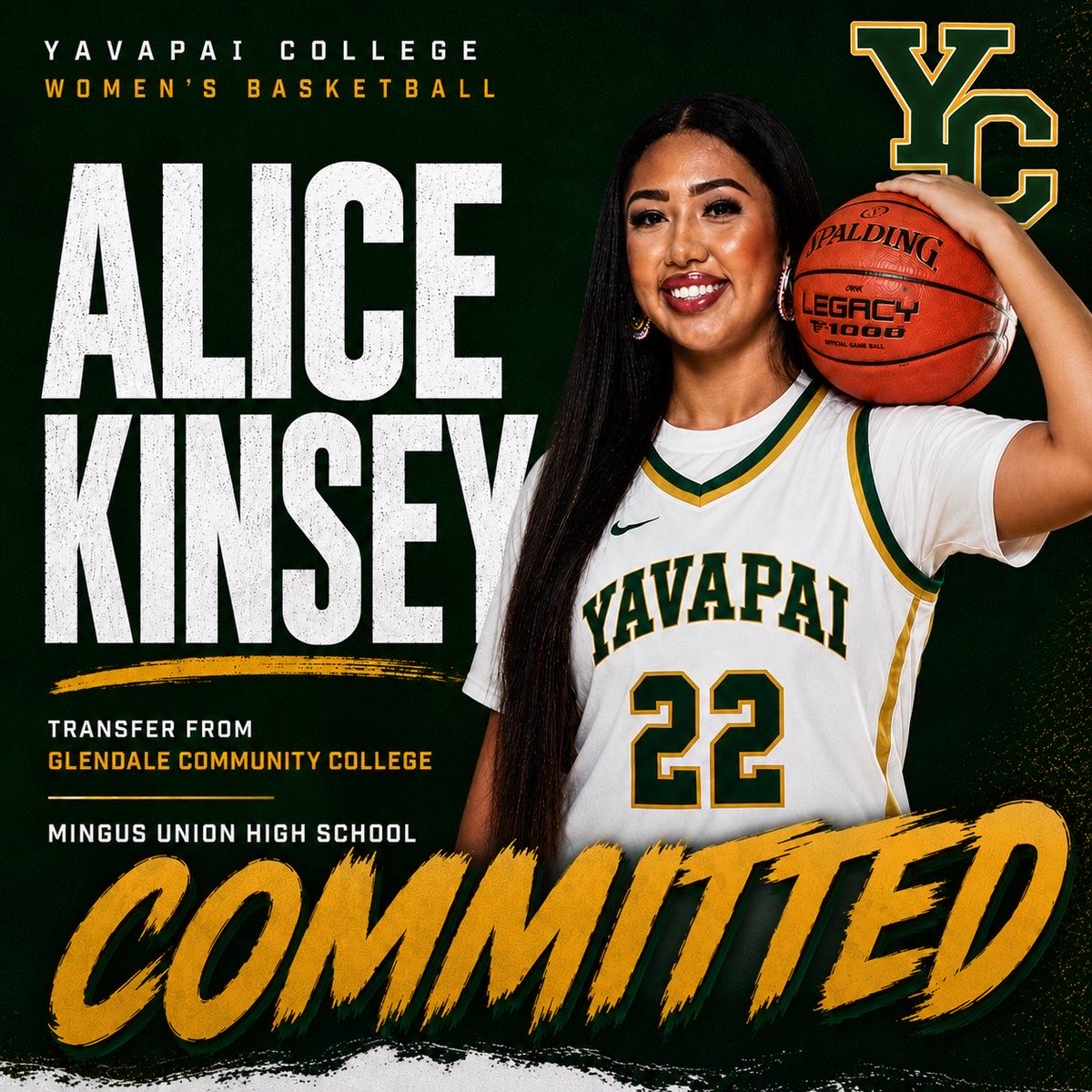 YCWBasketball's tweet photo. We’re excited to welcome Alice Kinsey! 
Coming from Glendale CC after attending Mingus Union High School as a 2x 2nd Team All-Region player. She earned Grand Canyon Region Defensive Player of the Year and ranked #2 in rebounds for Grand Canyon Region.
Welcome to YC!
@OleRuff6 https://t.co/Ul8tvtsj1O