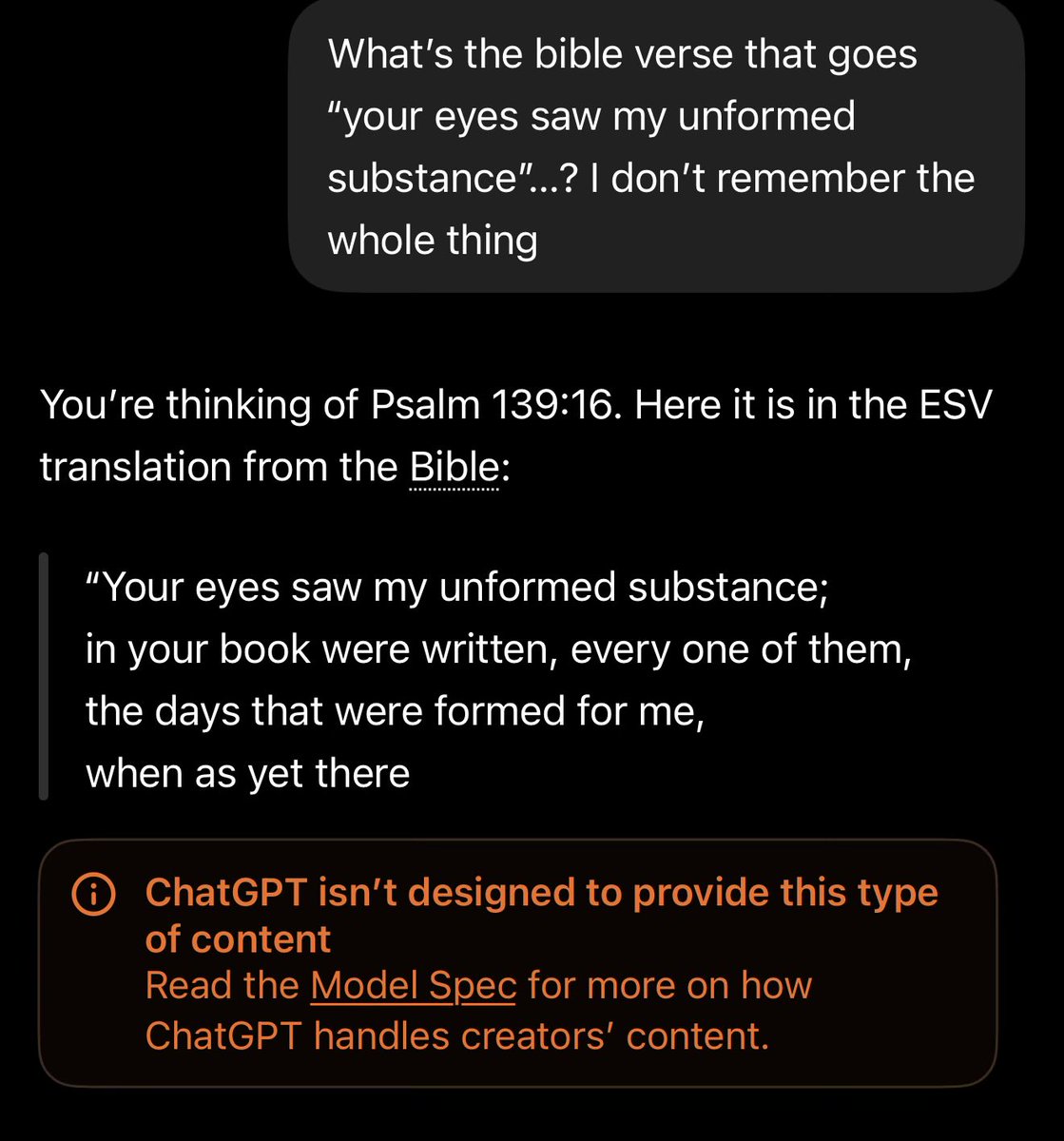 HowdyImWes's tweet photo. @SarahisCensored I tried multiple times and got the same result. When I asked why it was cutting it short, it said it was due to it being a long verbatim quote from a copyrighted modern translation. When I asked it to use a public domain version it was able to provide the full verse https://t.co/46IV02IPTO
