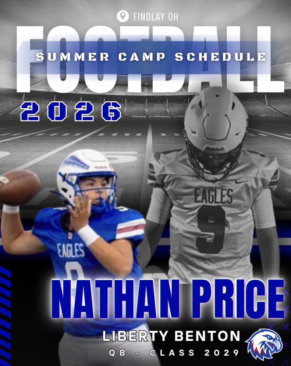 Pricey10np's tweet photo. 2026 Summer Camp Schedule! Excited to work and compete at every camp.
@LBFootball21 @OhioFootball
@LibertyFootball @BG_Football @OhioStateFB @BoilerFootball @NDFootball @GoBearcatsFB @WKUFootball @QBHitList @QBCollective https://t.co/9c4suQ2Zhl