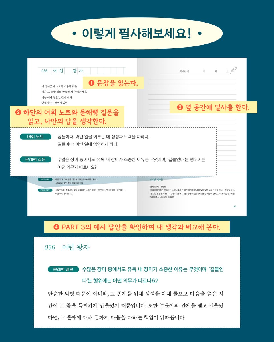 blc2009's tweet photo. <신간소개🌟>
『세상에서 가장 좋은 문장 필사』

엄선한 고전 소설의 100개 문장을 필사 하며,
‘어휘 노트’와 ‘문해력 질문’을 통해
그 문장이 주는 의미를 곱씹고
내 생각을 말해 보는 특별한 필사책 📖

매일 한 장씩 필사를 하며
55번째 첫 문장에서 산보마저 자유롭게 나갈 수 없을 만큼 억압되어 있던 제인 에어가,
100번째 명문장에서는 ‘나는 자유로운 인간이에요.’라고 표현하며 성장하는 모습을 깨닫는다면!

축하합니다!
여러분의 어휘력과 문해력은 향상되었고,
사고마저 한층 깊어지셨을 겁니다! 👏

김정민 작가는 이 책을 집필하면서
본인이 성장을 했다고 합니다.
이 책의 마지막장을 덮었을 때,
여러분도 그러하기를 바랍니다😀

✍🏻고전 소설을 쉽게 접하고 싶다면
✍🏻읽고 쓰기만 하는 필사가 뭔가 부족하다면
✍🏻어휘력과 문해력을 키우고 싶다면

<세상에서 가장 좋은 문장 필사> 지금 시작하세요 :)

<지금 만나보기>
📍예스24: https://t.co/6nhTApl6eS
📍교보문고: https://t.co/DhXZFuKMNL
📍알라딘: https://t.co/aJySENbRIZ

#세상에서가장좋은문장필사 #필사 #필사책 #고전필사 #고전문학 #고전소설 #문장필사 #어휘력