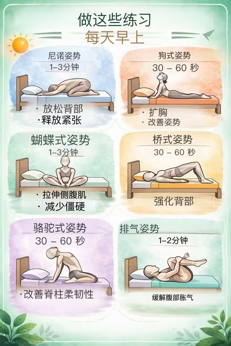 xYsfknBXPT6M0jo's tweet photo. 大多数人起床后第一件事就是看手机，一天就这样浪费了。  
你的身体已经静止了7-8个小时。  
你的脊柱积累了张力。你的皮质醇水平达到了全天峰值。  
而你做的第一件事却是增加更多精神压力。  
有一种方法能在不到10分钟内改变这一切。  
而且你可以在床上完成它。  
———  
🔬 睡眠时你的身体会发生什么：  
椎间盘在一天的重量下被压缩。  
夜间它们会重新水合并略微“膨胀”。  
这��是为什么你起床时比晚上高出1.5厘米。  
也正因如此，你的背部在一天的前30分钟特别脆弱。  
———  
这6个动作正是为这个时刻设计的：  
儿童式 → 1-3分钟  
一下子解压整个脊柱。释放数小时紧缩的腰部筋膜。这是你的背部在直立前需要的重置。  
仰卧式下犬式 → 30-60秒  
打开胸腔并激活姿势肌群。抵消睡眠时蜷缩成胎儿状的数小时。从一天的第一分钟起，你的姿势就改善了。  
蝴蝶式 → 1-3分钟  
臀部是身体的情感仓库。东方医学几个世纪以来一直这么说。现代科学证实，髋部的慢性紧张与更高的皮质醇水平相关。  
桥式 → 30-60秒  
激活臀肌和脊柱竖脊肌。这是腰部健康最重要的两块肌肉之一。80%的背痛源于臀部肌群无力。  
骆驼式 → 30-60秒  
活动整个后侧链条。比任何其他晨间动作更能改善脊柱柔韧性。尤其是如果你是坐着工作的人，这一点特别关键。  
排气式 → 1-2分钟  
这个名字会让人发笑。效果却不会。激活肠道蠕动，按摩结肠，缓解60%的人起床时不知为何感到的腹胀。  
———  
总计：不到10分钟。  
无需离开床铺。无需运动服。无需借口。  
———  
真正的痛点不是背部。  
而是你多年来起床时就已经感到疲惫。  
从第一分钟起就反应迟钝。  
你把这种感觉正常化，仿佛它是不可避免的。  
它并非如此。  
你在50岁、60岁和70岁时的身体，是由你今天每个早晨的习惯塑造的。  
你已经做了其中几个？👇