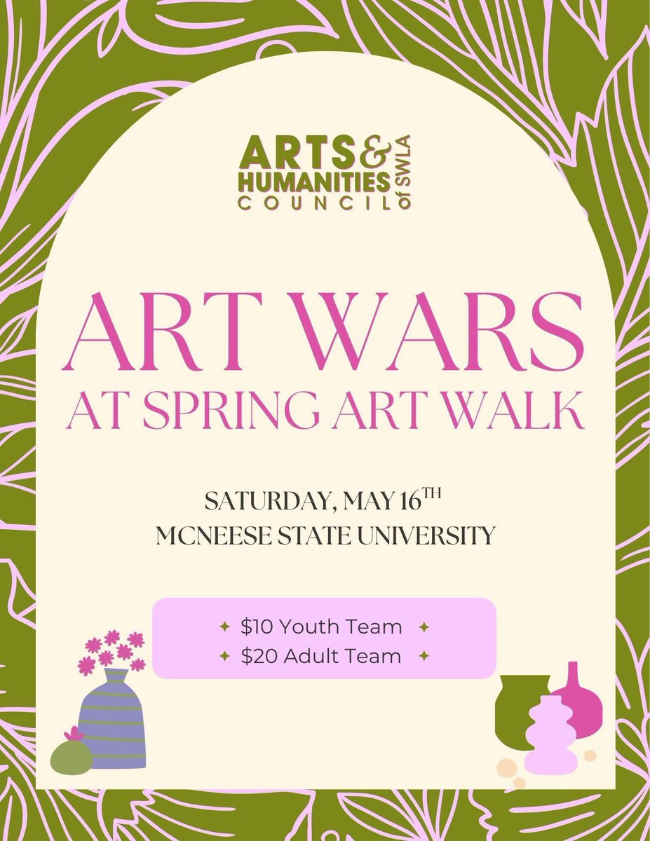 KellyLeeTWFG's tweet photo. Spring Art Walk’s ART WARS
 
4205 Ryan Street, Lake Charles, LA 70605
Saturday, May 16th, 2026
12:00 PM – 4:00 PM

Read more: https://t.co/n4vs8Izz8q

#LakeCharlesLA #SWLA #ArtWars #SpringArtWalk #SupportLocalArtists #ThingsToDoInLakeCharles #ArtsCouncilSWLA #LocalEvents https://t.co/ONwgwXVpXJ