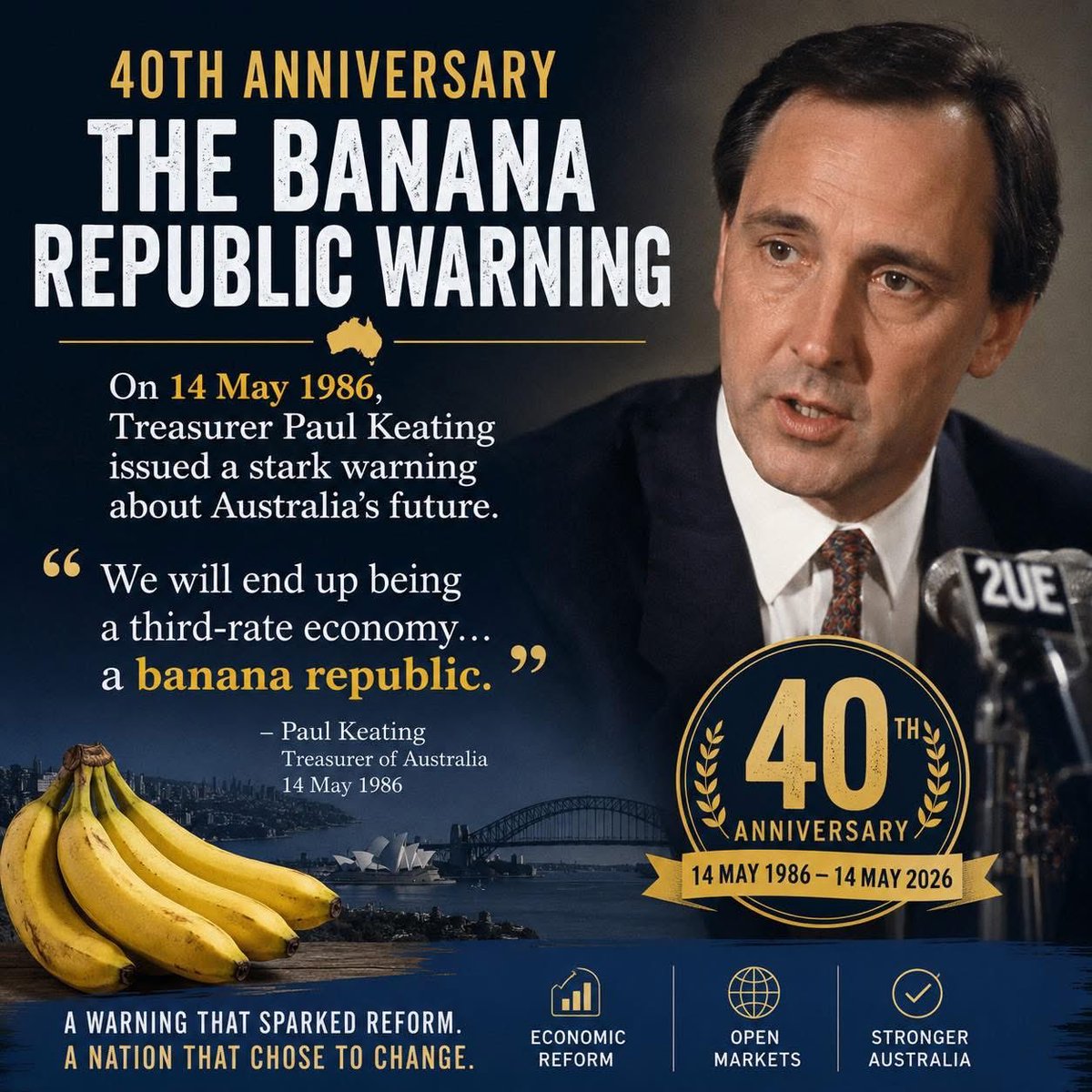P_Couper's tweet photo. Today marks 40 years since Paul Keating warned Australia risked becoming a “banana republic.”

His words shocked the nation, and forced difficult conversations about debt, productivity and economic reform.

Forty years later, that warning still resonates. 🇦🇺

Philip Couper https://t.co/n6JrAQ2c6o