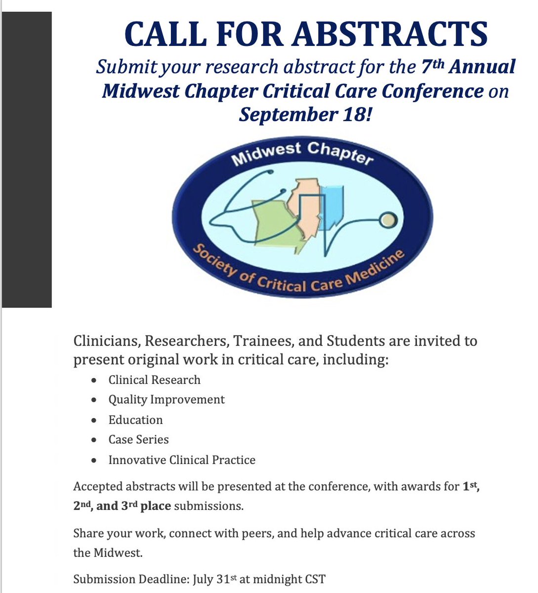 SCCMMW's tweet photo. Abstract Submissions are officially being accepted for the Midwest Chapter's 7th Annual Critical Care Conference!
Submission deadline: July 31 at midnight CST
Submission form: https://t.co/QjZkQSZaqf https://t.co/x3oYOMSpi2