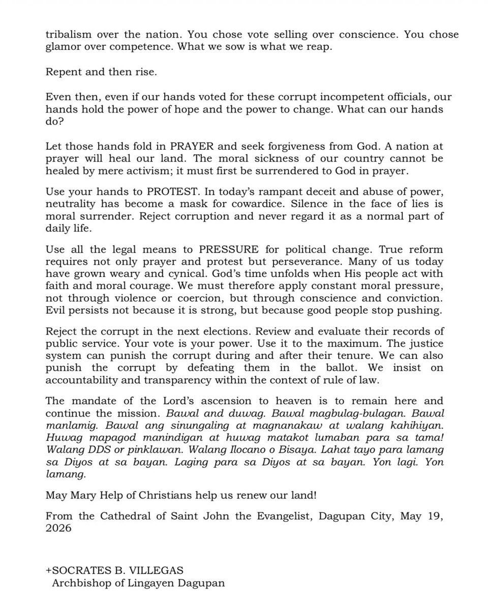 fathersoc1's tweet photo. SAD AND ANGRY
BUT BRAVE AND HOPEFUL
Pastoral Letter
Archdiocese of
Lingayen Dagupan on Ascension Sunday, May 17, 2026 https://t.co/QkEJxfVMas