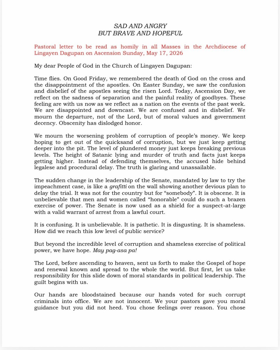 fathersoc1's tweet photo. SAD AND ANGRY
BUT BRAVE AND HOPEFUL
Pastoral Letter
Archdiocese of
Lingayen Dagupan on Ascension Sunday, May 17, 2026 https://t.co/QkEJxfVMas