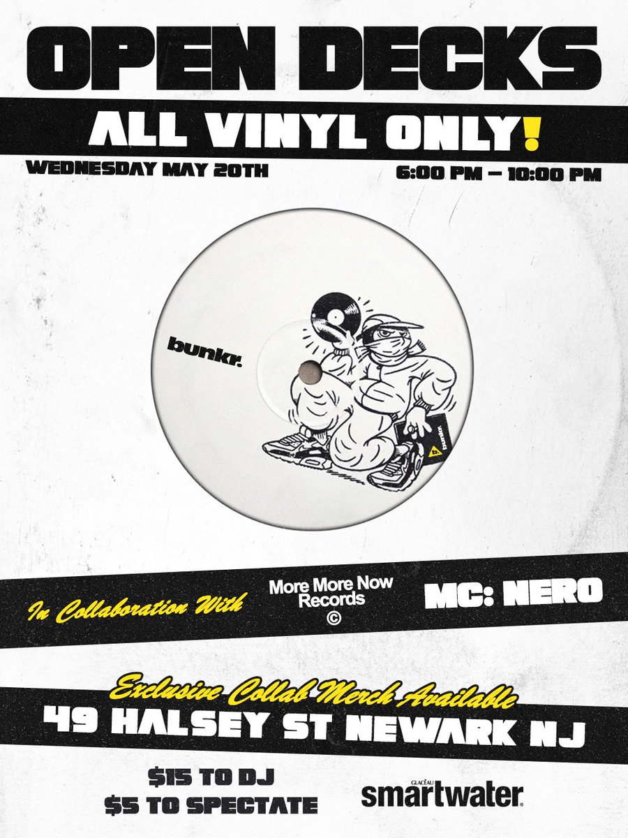 bunkrbunkr's tweet photo. this month’s open decks is ALL VINYL ONLY! ⚠️ next wednesday 5/20 in collaboration with #moremorenowrecords (located one block away from bunkr.)

exclusive collab merch will be available too 👀

tickets go live TOMORROW at 12:00PM for DJs and spectators 🎟️ link in bio. https://t.co/QK921SFNMy