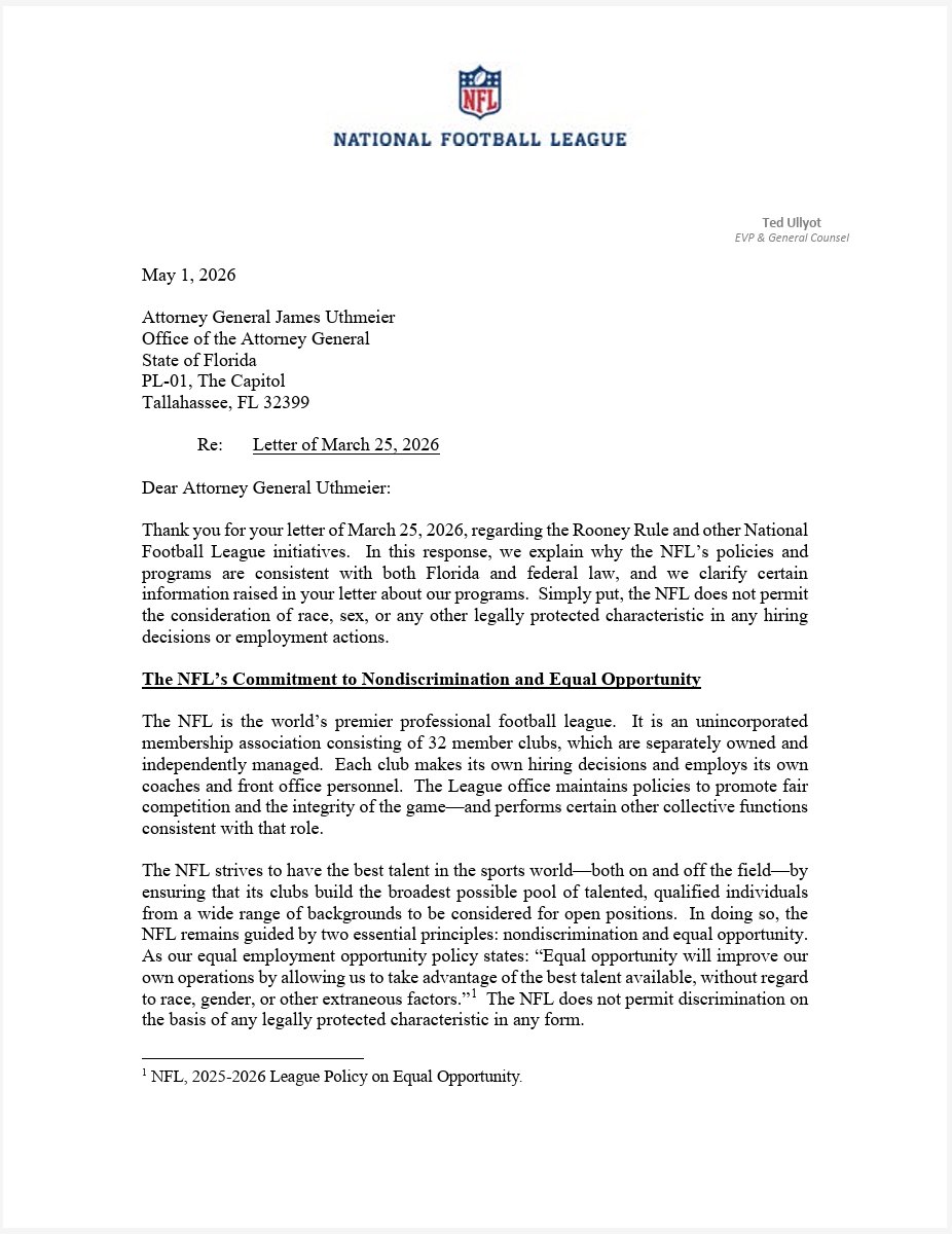 NickiJhabvala's tweet photo. The NFL responded to Florida Attorney General James Uthmeier's assertion that the Rooney Rule violates Florida law with a four-page letter, dated May 1. https://t.co/O3PoCkF7fa