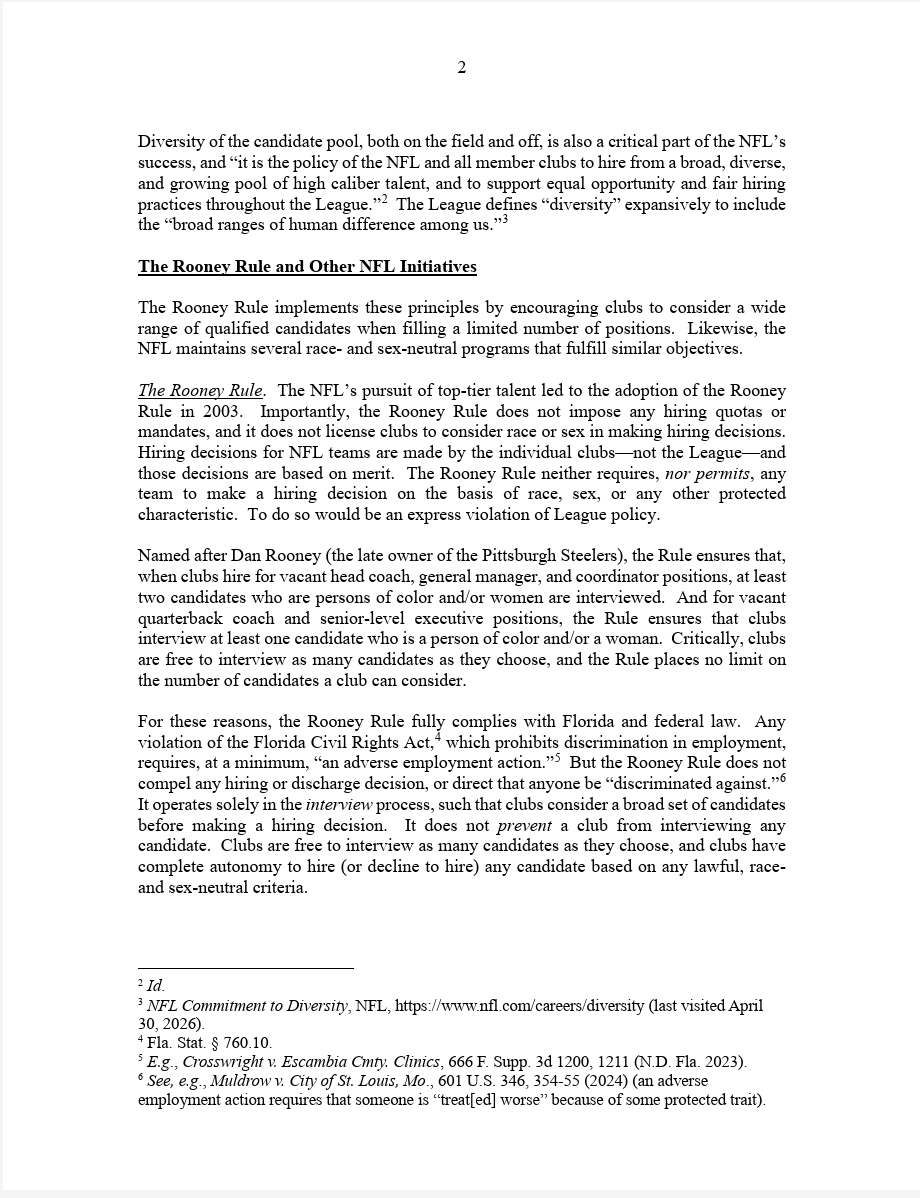 NickiJhabvala's tweet photo. The NFL responded to Florida Attorney General James Uthmeier's assertion that the Rooney Rule violates Florida law with a four-page letter, dated May 1. https://t.co/O3PoCkF7fa