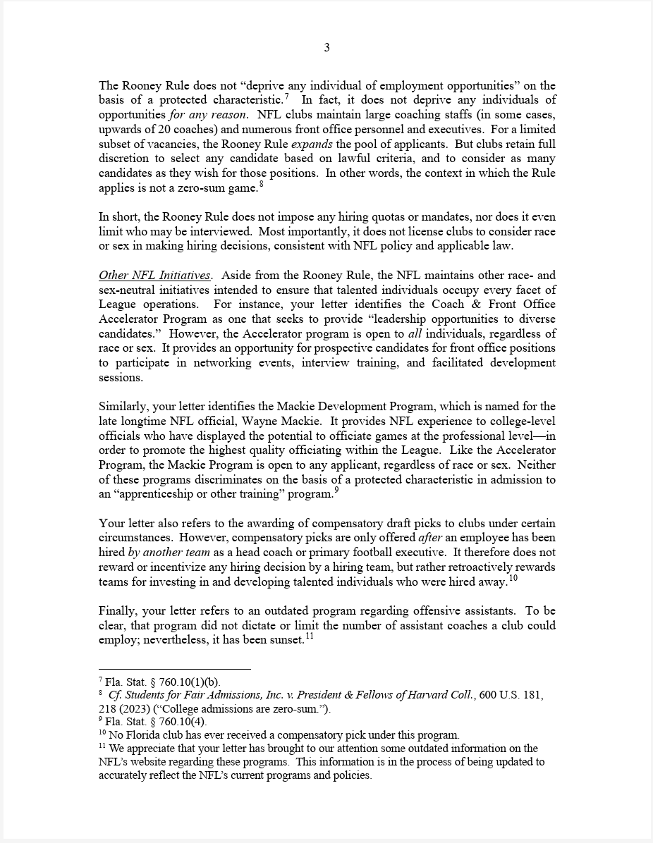 NickiJhabvala's tweet photo. The NFL responded to Florida Attorney General James Uthmeier's assertion that the Rooney Rule violates Florida law with a four-page letter, dated May 1. https://t.co/O3PoCkF7fa