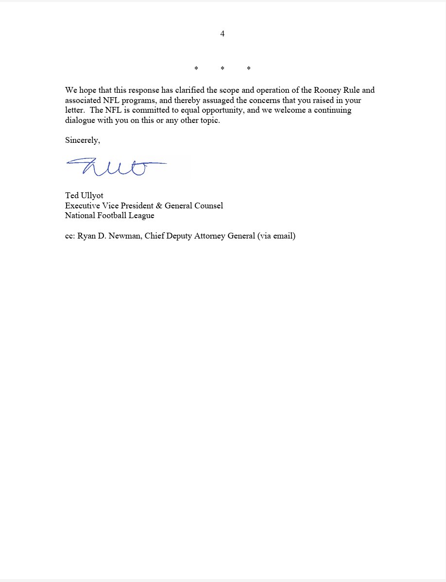 NickiJhabvala's tweet photo. The NFL responded to Florida Attorney General James Uthmeier's assertion that the Rooney Rule violates Florida law with a four-page letter, dated May 1. https://t.co/O3PoCkF7fa