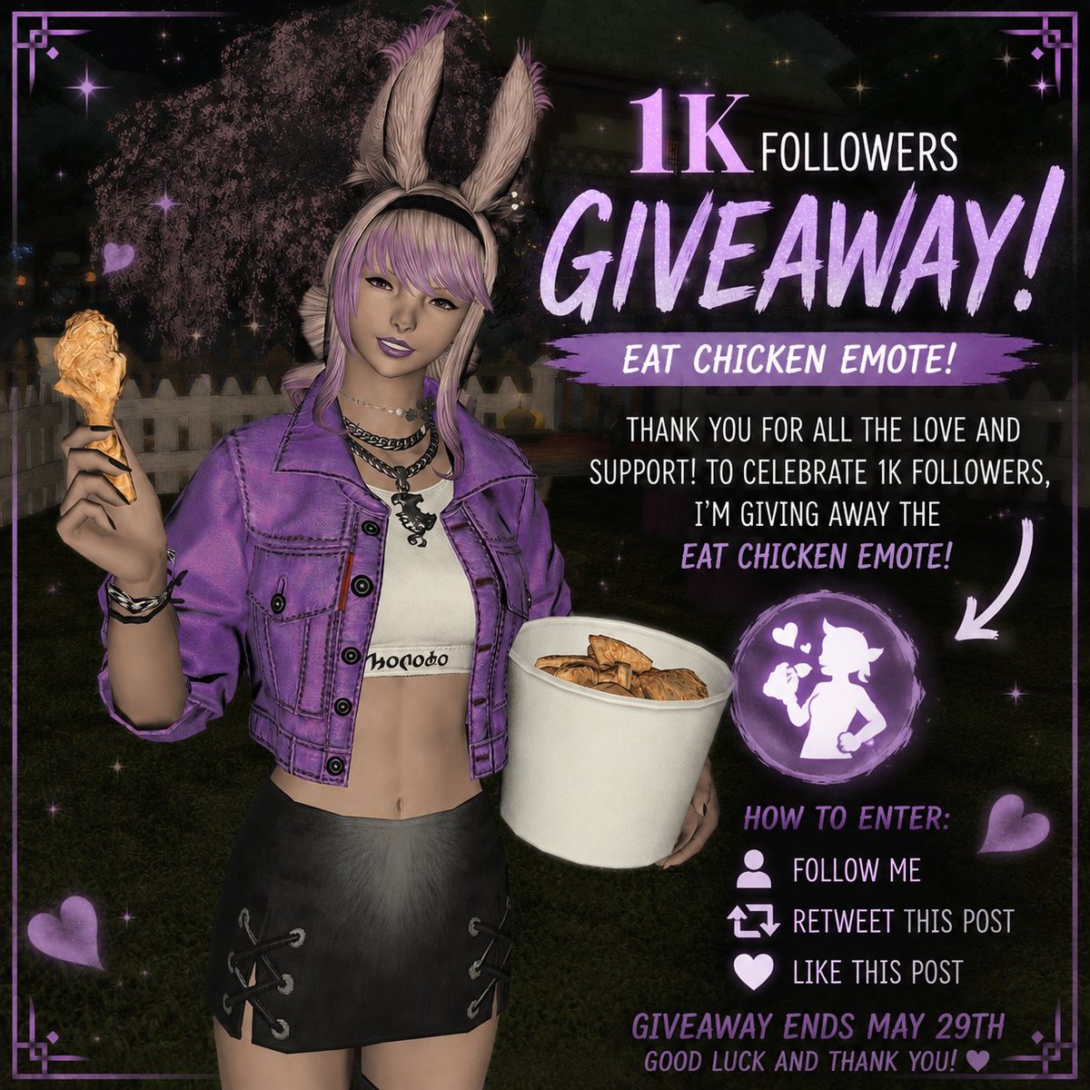 elanaastaria's tweet photo. 🍗 1K FOLLOWER GIVEAWAY 🍗

To celebrate hitting 1,000 followers on X, I’m giving away a Jollibee Eat Chicken emote code for #FFXIV ✨

🐥 Follow
🔁 Retweet
❤️ Like
Winner announced May 29th! Good luck Warriors of Light 💛
#FF14 #FFXIVScreenshots #FFXIVGlamour #FFXIVCommunity #GPOSERS #FFXIVGiveaway #giveaway