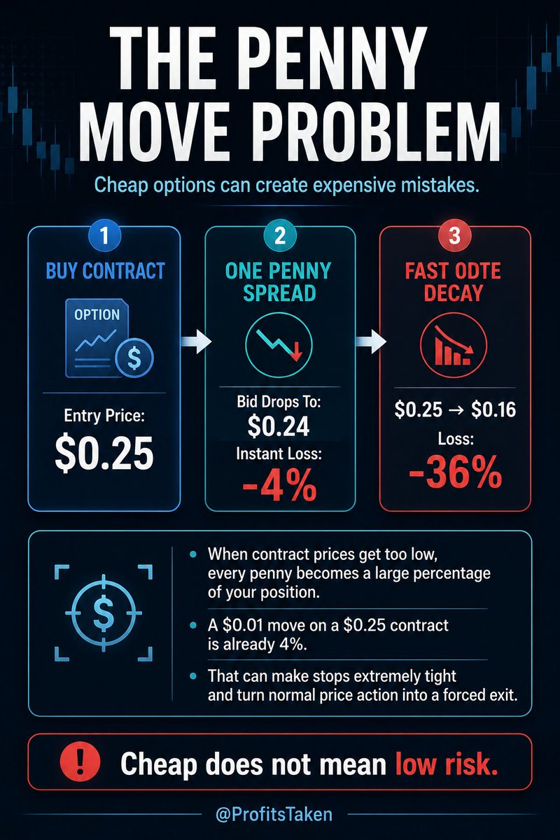 ProfitsTaken's tweet photo. Choosing "Optimal" Options Contracts For Day Trades

Let’s talk strike prices.

Risk Level

For short day trades or scalps, I usually want to be modestly aggressive.

Think 7 out of 10 on the risk/aggression scale.

For that type of trade, I’m usually looking for contracts that are liquid, responsive, and priced in a range where the stop does not become absurdly tight.

Contract Price

In general, I like contracts in the $0.40 to $0.80 range.

That is usually my sweet spot for short-term day trades, assuming there is strong volume and open interest.

This applies most often to 0DTE index options and weekly expirations on individual equities.

The reason is simple:

I want enough premium for the contract to move, but not so little that every penny becomes a massive percentage move against me.

Expiration and Theta

With 0DTE, risk increases as the day goes on.

The later it gets, the more theta starts working against you. Contract value can decay very quickly, even if the underlying move is not dramatic.

If it is late in the day and the pace feels too aggressive, one simple adjustment is to look at the next day’s expiration.

That can help reduce the intensity of the trade.

How To Reduce Aggression

If you want to be less aggressive, you can generally do that by:

- Choosing a later expiration 
- Going closer to the money or deeper in the money.     - Selecting a higher quality contract with more intrinsic value
- Avoiding extremely cheap, low-probability contracts
- Deeper ITM contracts usually carry more intrinsic value and less pure theta/IV exposure.
-Cheap, far OTM contracts are often more like fliers.

Why I Avoid Very "Cheap" Contracts

Once you get under $0.30, and especially near $0.25, the trade becomes extremely tight.

Example:

You buy a contract at $0.25.

If the bid is $0.24, you are already down $0.01 on the spread.

That one penny is a 4% move.

If your stop is 10%, you are already almost halfway there the moment you enter.

This is why cheap contracts can be deceptive.

They look inexpensive, but the percentage movement is massive.

A one or two penny move can stop you out quickly.

The Flier Trap

A $0.25 contract can become $0.16 very quickly on a 0DTE move.

That is a 36% loss.

If you entered that trade prepared for it to be a flier, fine. That is a defined strategy 👍

But deciding it is a flier after it moves against you is not strategy 🙅‍♂️

That is usually just an attempt to justify your bad entry.

Fliers should be rare, calculated, and sized properly.

They are high-risk, low-cost trades where the upside must be clearly asymmetric.

My General Preference

To recap:

I generally prefer the $0.40 to $0.80 contract range for day trades.

Time of day matters heavily with 0DTE.

There comes a point where theta erodes value too quickly and changes the risk calculation.

Risk can be adjusted through:

Contract price
Strike selection
Expiration date
Delta
Liquidity
Time of day

The small details matter.

Tip I Share With Insiders Trading My Live Stream Signals:

Is 0DTE moving too fast for your comfort level?
That's OK - everyone has a different threshold.

If IV moves are shaking you out, or the action feels too volatile, look at next-day options.

There is nothing wrong with reducing the speed of the trade. The goal is not to prove how aggressive you can be. The goal is to execute well.

Final Thought

No FURU nonsense aiming to for unrealistic targets.

No random contract chasing.

No emotional “it’s a flier now” excuses after the trade goes against you.

The goal is to be prepared, professional, and consistent.

Contract selection matters.

Strike selection matters.

Theta matters.

Liquidity matters.

Stops matter.

The small details are often the difference between a controlled trade and a panic trade.

These are the general protocols I use myself and that Insiders are provided as well. 

If this was helpful, bookmark it for reference and share with others.