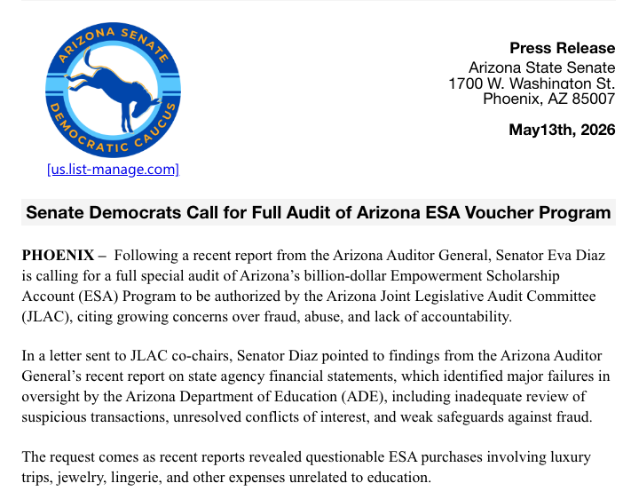 MelissaBlasius's tweet photo. AZ Senate Democrats call for a full audit of the ESA voucher program. This comes after the AZ Auditor General released a report blasting the program, alleging lax financial accountability. ABC15 ran a story about the Auditor General's concerns yesterday: https://t.co/vR8yPRvKV3 @abc15