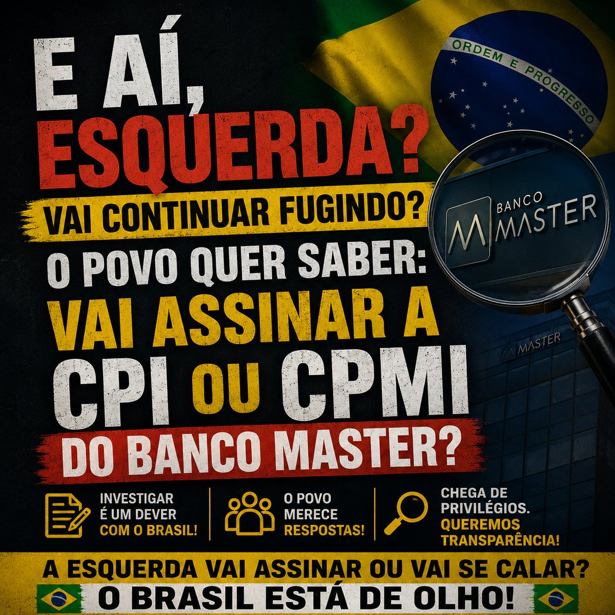 mariaap24114476's tweet photo. Se a CPI ou CPMI do Banco Master é “desnecessária”, então por que tanta resistência?

A direita já começou a cobrar investigação.
E a esquerda… vai assinar ou vai fugir do debate?

Quem não deve, não teme transparência.
O povo quer respostas.

Na sua opinião:
a esquerda vai apoiar a investigação ou proteger os envolvidos?