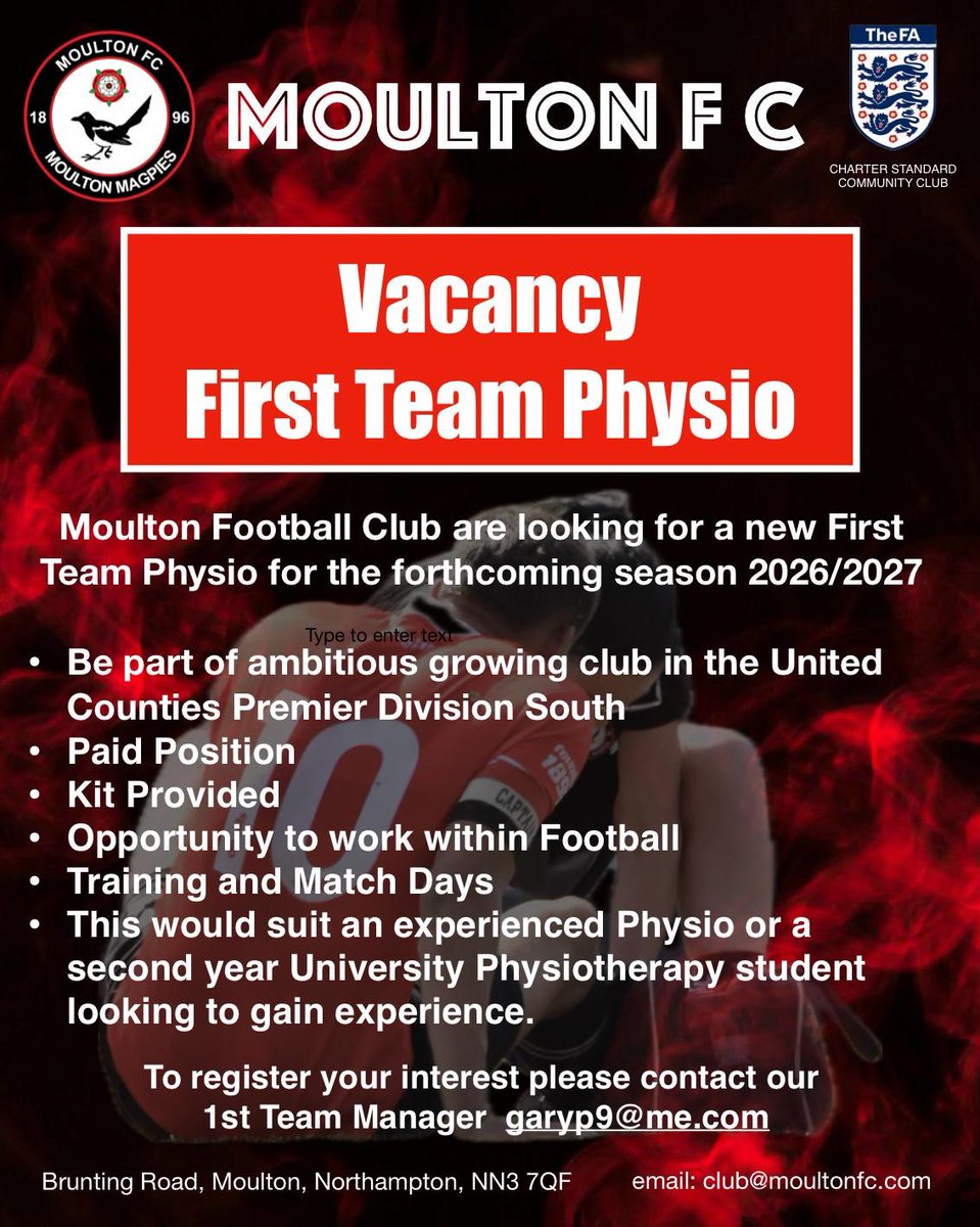 MoultonFC's tweet photo. Moulton FC are looking for a Physio for their 1st Team for the forthcoming 2026/2027 season
@chronsport @UniNorthants @ChronandEcho @BBCSportNhants @NorthamptonUK https://t.co/u7SuCSSWB6