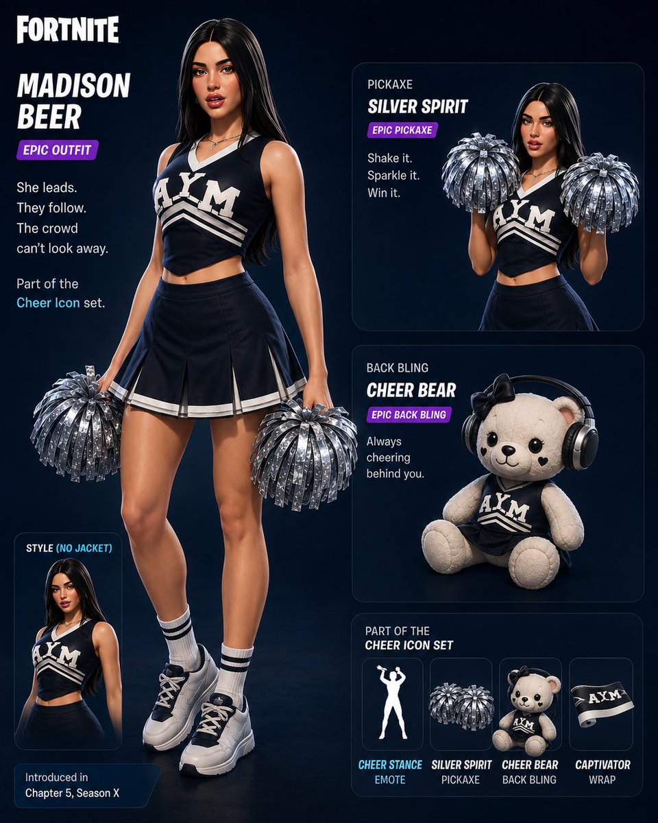 queentylerxo's tweet photo. @Fortnite PLEASE consider this skin concept for @madisonbeerhq if she gets a skin. There’s basically no cheer skin besides Hailey Skye &amp; she was battle pass. Cheer definitely needs representation, considering it is one of the most popular female sports. #fortnite #fortniteconcept https://t.co/rKIULEs0KL