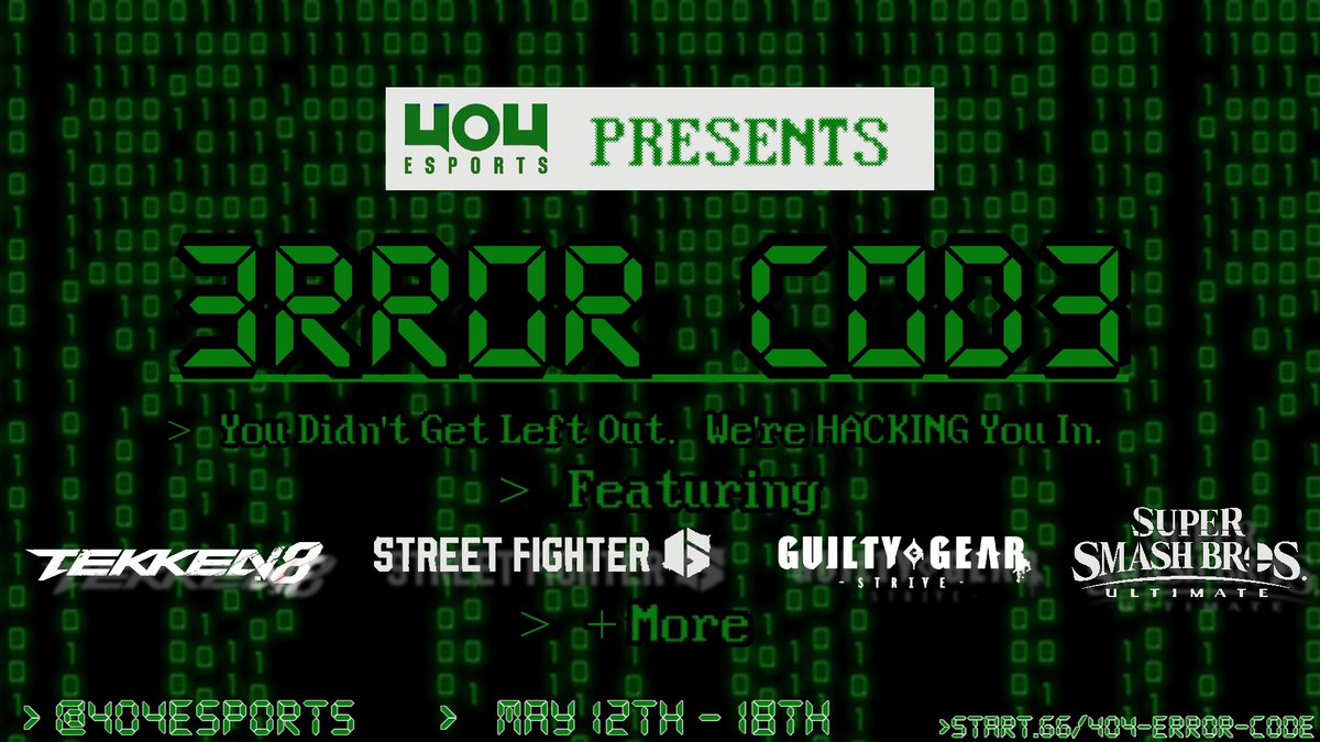 4o4esports's tweet photo. REMINDER !!!!
ERROR CODE SCHEDULE THIS WEEK...

TEKKEN WEEKLY/DHATL PRE-LOCAL  > THURSDAY
STREET FIGHTER WEEKLY/ DHATL PRE-LOCAL > FRIDAY
SPECIAL BEYBLADE TOURNEY > SATURDAY
SMASH ULT (SINGLES/DOUBLES) > SATURDAY
STRIVE > SATURDAY
SMASH ULT FINALS > SUNDAY

https://t.co/SrgttyY6vL