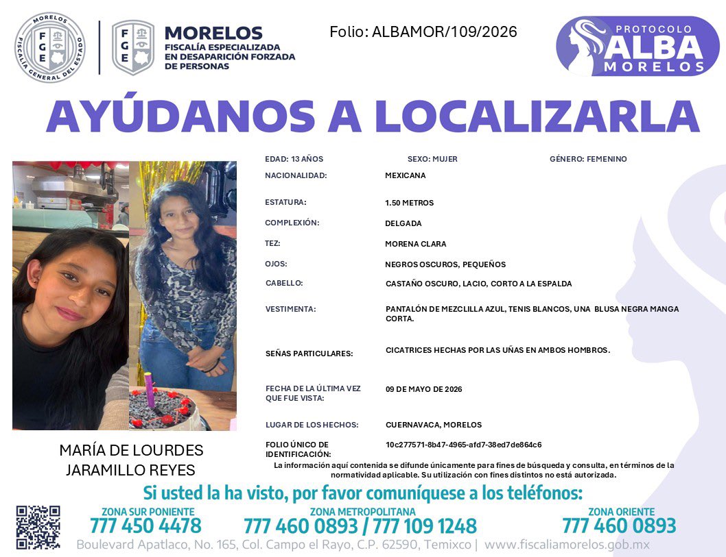 24_morelos's tweet photo. AYÚDANOS A LOCALIZAR A MARÍA JARAMILLO DE 13 AÑOS

La Fiscalía del Estado de #Morelos ha activado el Protocolo Alba para la búsqueda y localización de María de Lourdes Jaramillo Reyes de 13 años de edad, quien fue vista por última vez en #Cuernavaca, Morelos.