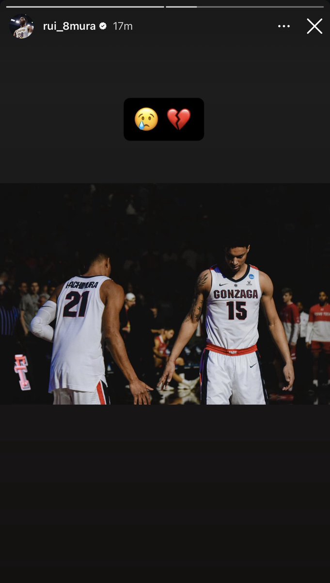 TheoLawson_SR's tweet photo. Rui Hachimura on Instagram after the death of former Gonzaga teammate Brandon Clarke. Hachimura and Clarke made up one of the top frontcourts in college basketball during the 2018-19 season. https://t.co/b9hcamBsI7
