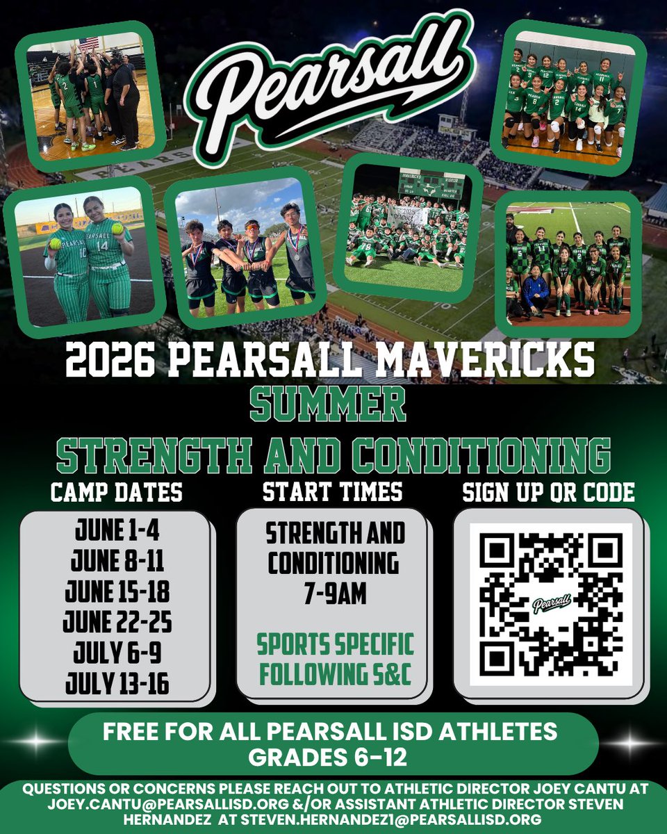 PTXMavsFootball's tweet photo. 🏈⚽🏐🥎🏃‍♂️🎾🏀⚾️⛳️🏊
The 2026 Pearsall Mavericks Summer Strength &amp; Conditioning Program is almost here!
✅ FREE for all Pearsall ISD athletes in Grades 6-12!

Scan the QR code to sign up and get ready to put in the work this summer!  @pearsallath #HornsUp #PearsallISD https://t.co/FOUgS46V3u