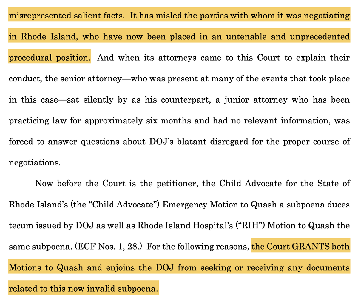 chrisgeidner's tweet photo. BREAKING: Judge McElroy quashes DOJ's Rhode Island Hospital subpoena in full, calling out DOJ's conduct as "misrepresent[ing] salient facts" under oath.  "[T]he Court GRANTS both Motions to Quash and enjoins the DOJ from seeking or receiving any documents related to this now invalid subpoena."