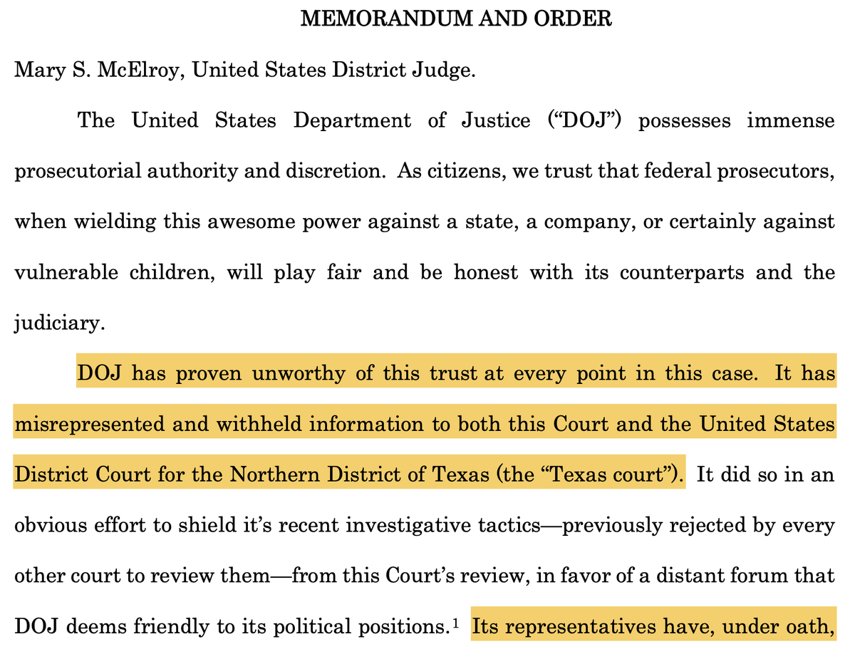 chrisgeidner's tweet photo. BREAKING: Judge McElroy quashes DOJ's Rhode Island Hospital subpoena in full, calling out DOJ's conduct as "misrepresent[ing] salient facts" under oath.  "[T]he Court GRANTS both Motions to Quash and enjoins the DOJ from seeking or receiving any documents related to this now invalid subpoena."