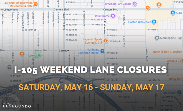 elsegundocity's tweet photo. 🚧 I-105 Weekend Lane Closure Alert 🚧

The City has been advised by Metro of upcoming weekend extended lanes closures on the I-105 due to construction work beginning Saturday, May 16 at 7 p.m. through Sunday, May 17 at 10 p.m. More info here: https://t.co/WjR2bhGTxB https://t.co/g5awFaJPj6