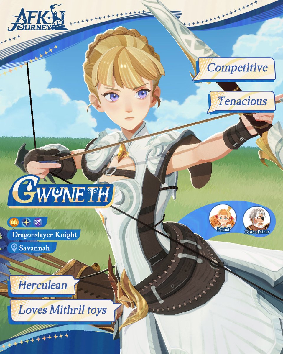 AFK_Journey's tweet photo. 🏹 Hero Profile: Gwyneth
Gwyneth may be young, but her power and archery skills are far beyond her years. She earned the title of Dragonslayer Knight with decisive shooting, and she’s been proving herself ever since.
#AFKJourney #Gwyneth https://t.co/7rwptXfhJQ