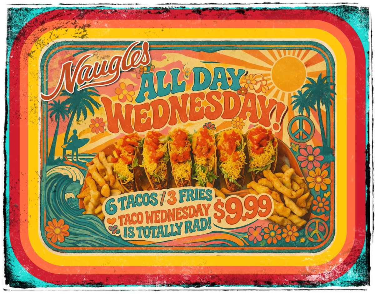 nauglestacos's tweet photo. Midweek crisis?
We prescribe tacos. ๐ฎโ๏ธ
6 tacos + 3 fries for $9.99 because happiness should absolutely come wrapped in tortillas.
Warning: may cause smiling, oversharing, and texting your ex โu up?โ
#TacoWednesday
#Naugles
#TacoMood
#MidweekMagic
#TotallyRad https://t.co/M8p5icDpLo
