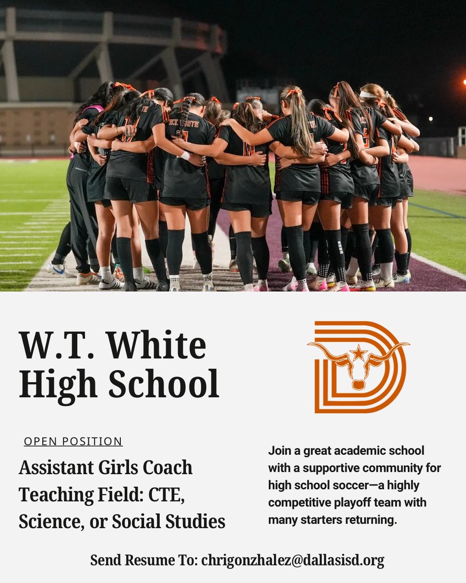 Coach_Recinos's tweet photo. We are growing our girls’ soccer program at WT White and are looking to add another coach to our staff.
We are
• A strong academic campus (B-rated)
• Supportive &amp; engaged administration
• A passionate &amp; dedicated soccer community
• Our girls work hard &amp; love to compete. https://t.co/IvE4CqsJoe