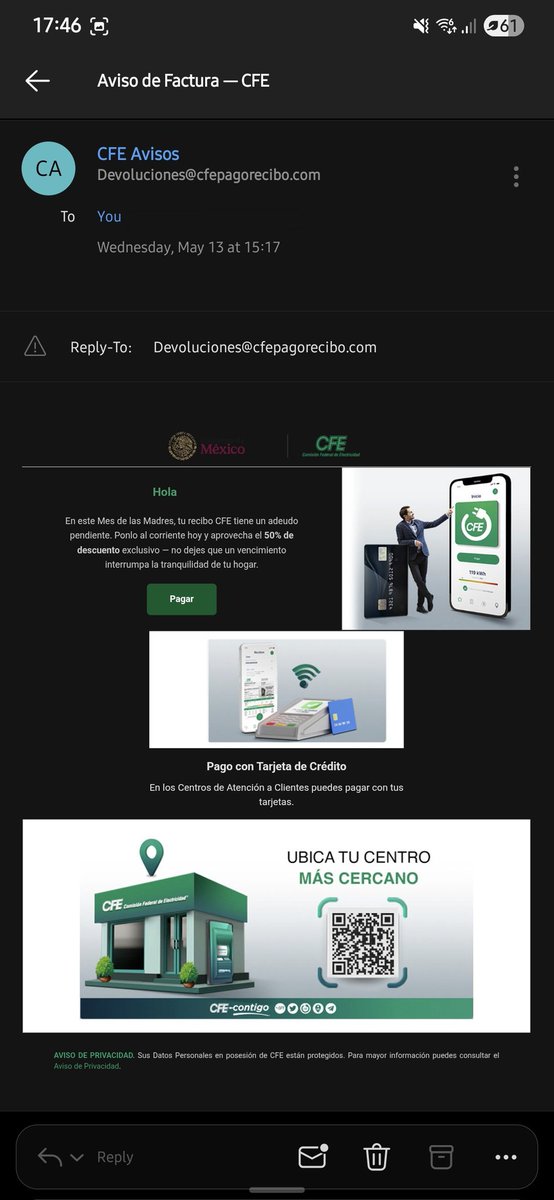 ofrausto10's tweet photo. Ya comenzaron las estafas con tanto dato robado, ahora suplantando a @CFE_Contigo .
¡No caigan! https://t.co/uMfAprlwYZ