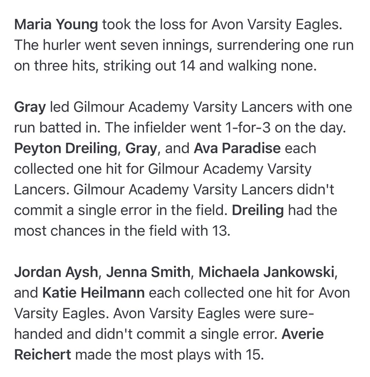GilmourSoftball's tweet photo. Absolute battle to defeat Avon 1-0. Golden Game Balls: Camden Dreiling W w/12Ks, Hailey Gray game winning HR w/2 outs in top of 7th! #GoGA #MakeThingsHappen @nhpreps @jkampf_NH @ohiovarsity @ccscaohio @yappisoftball @Isley23 @JacobHansen_12 @campalmer55 @GALancerAD https://t.co/03fYKnlH85
