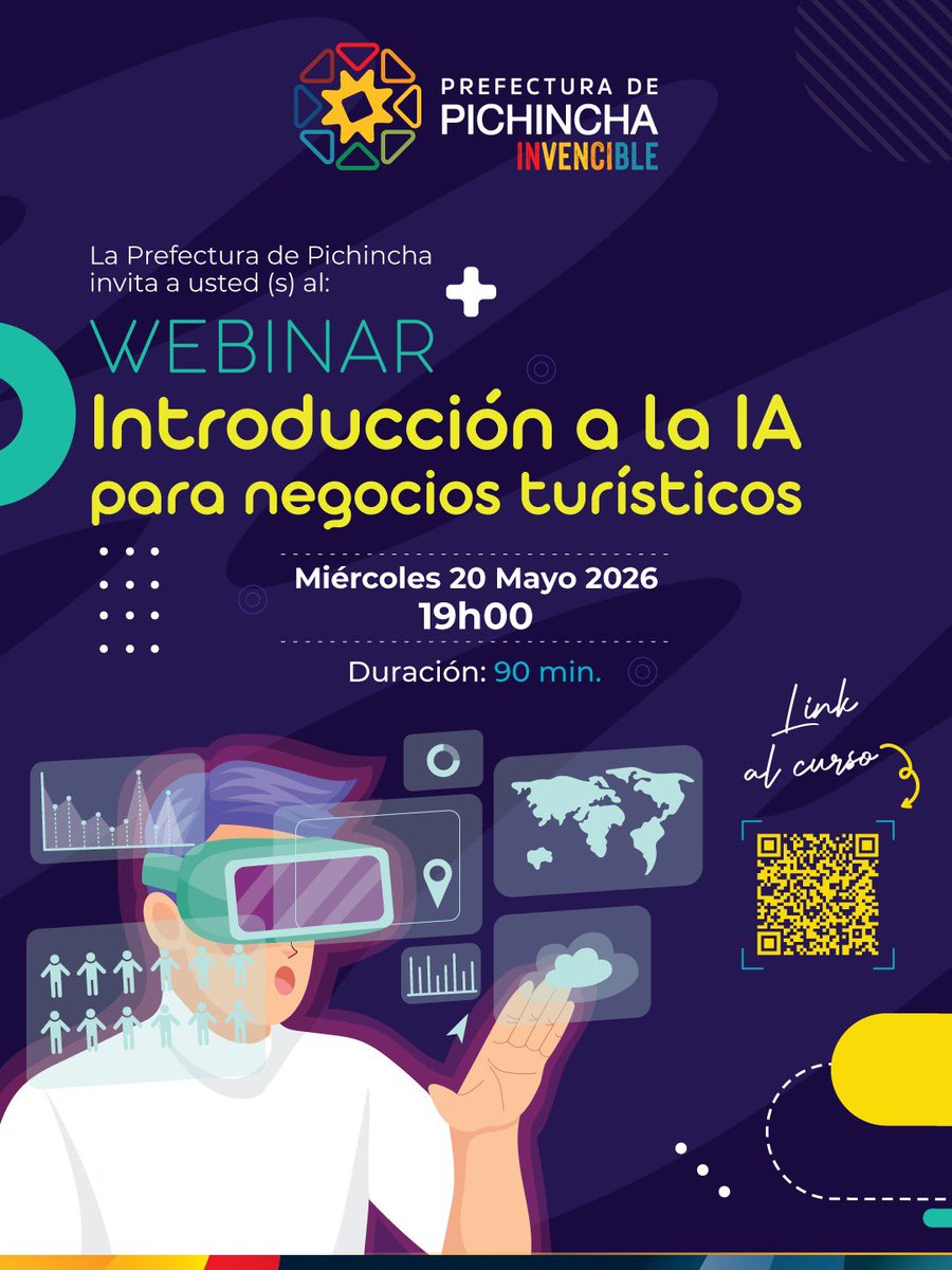 PichinchaGob's tweet photo. 📢  ¡Webinar GRATUITO para potenciar tu negocio turístico!  
 
Participa en este espacio formativo que te mostrará cómo la inteligencia artificial puede transformar la gestión y promoción de tus servicios turísticos. 🌍🏞️🏖️🤖

📅 Miércoles 20 de mayo de 2026  
🕖 19h00  
⏱️ Duración: 90 minutos  

🔗 Link del webinar 👉 https://t.co/9Zjb4RsBU0

#PichinchaesTurismo
#PichinchaInvencible

@PaolaPabonC 
@AlexTonello5