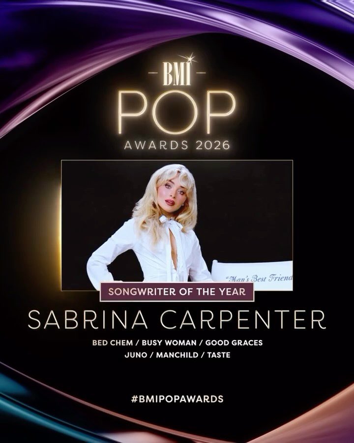 ItsMichelle013's tweet photo. Congratulations to My Pop Princess @SabrinaAnnLynn for Winning for “Songwriter of The Year” for 2026 at the #bmipopawards for song such as “Bed Chem” / “Busy Woman” / “Good Graces” / “Juno” / “Manchild” / “Taste” absolutely well deserved for these iconic songs 🤍 @bmi https://t.co/GPiSNRWV4z
