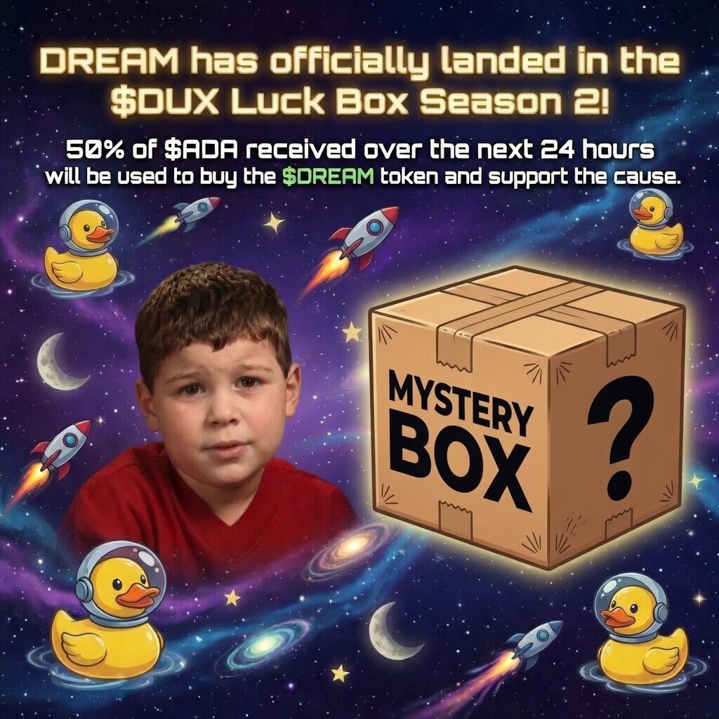 thechosendux's tweet photo. 🚨 HUGE ANNOUNCEMENT 🚨

$DREAM has officially landed the DUX Luck Box Season 2! 🦆📦💭

To celebrate, for the next 24 HOURS only:

🔥 50% of all ADA spent on Luck Boxes that include "$DREAM" in the metadata will be used to buy $DREAM tokens.

That means every qualifying purchase helps create direct buying pressure for $DREAM while giving you a chance to win tokens, NFTs, and more.

⏰ Offer ends in 24 hours.
🎁 Buy your Luck Box now: https://t.co/MGL3Tr0aLi

How to qualify:
1️⃣ Purchase a Luck Box
2️⃣ Enter "$DREAM" in the metadata field
3️⃣ Post it on X and tag @thechosendux 

Let's send $DREAM to the moon together. 🚀