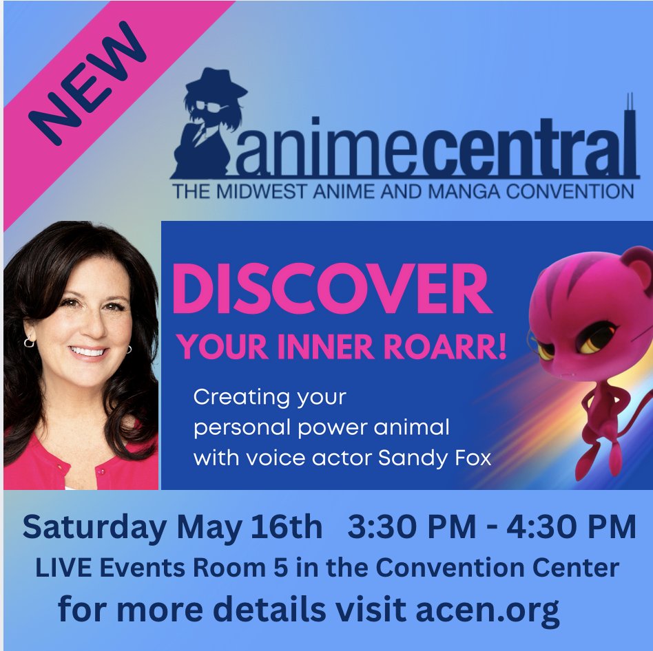 SandyFoxWorld's tweet photo. Going to @animecentral this weekend? Come join my workshop and discover your Inner Roarrrr! #acen #acen26 #animecentral #chicago #thisweekend https://t.co/hjEEjSZmT5