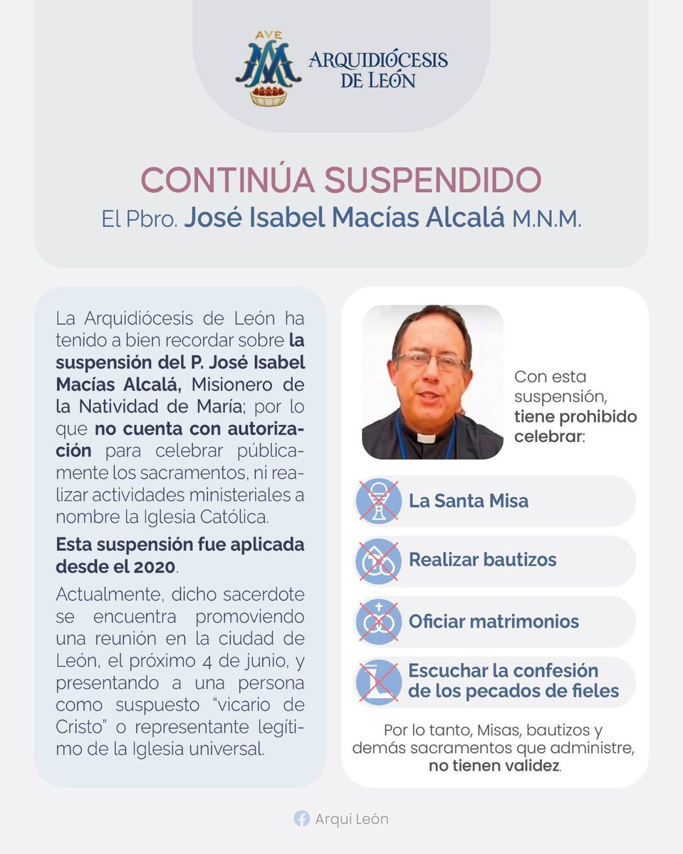 PRedesGto's tweet photo. 🚨 La Arquidiócesis de León advirtió sobre actividades promovidas por el “Padre Chabelo”, sacerdote suspendido desde 2020 por negar al Papa y anunciar el fin del mundo. ⛪⚠️

La Iglesia pidió a los fieles evitar reuniones que puedan causar “confusión y división”. 👀

🔗 https://t.co/VbGoilEHrm