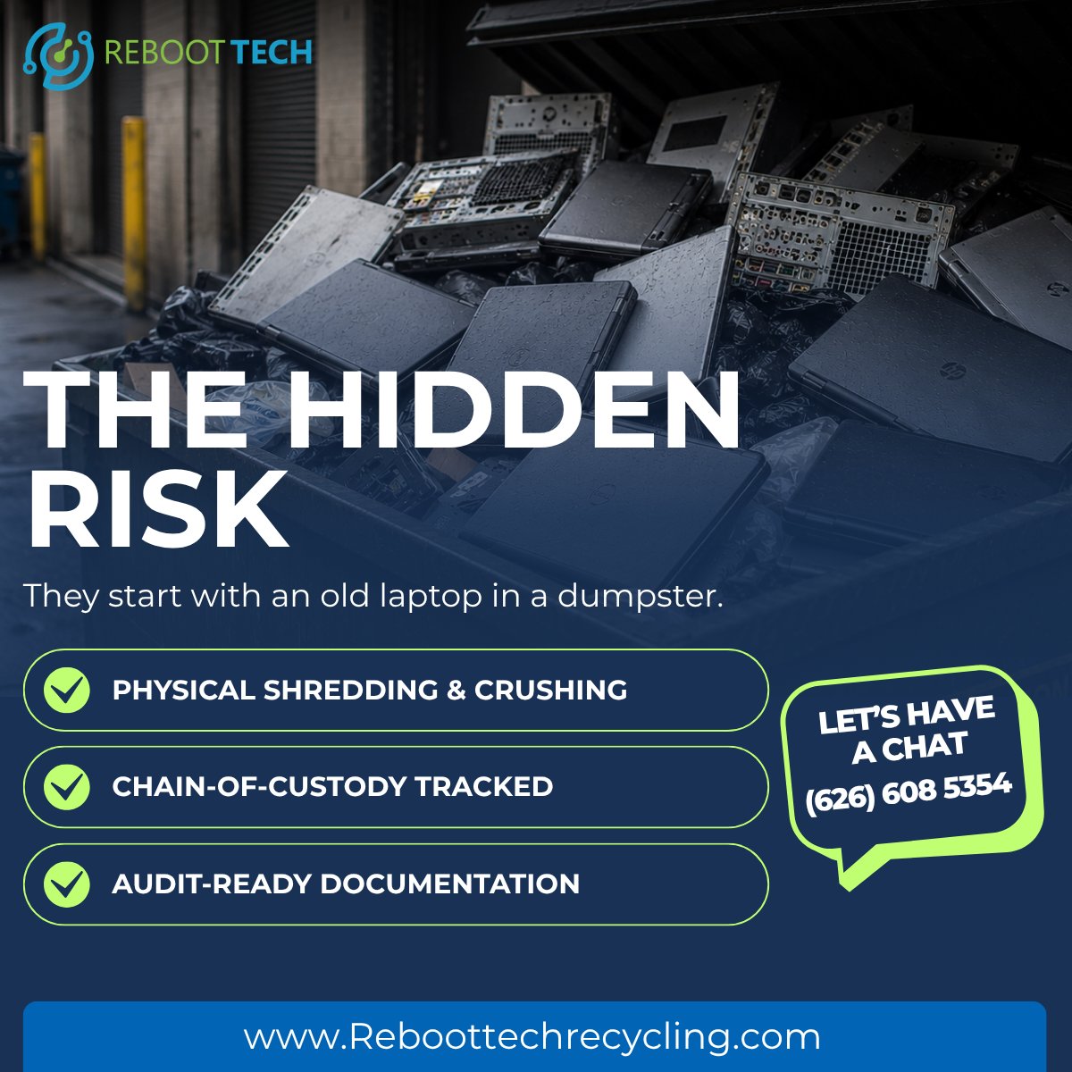 RebootTechLLC's tweet photo. Most breaches don't start with hackers.

They start with an old laptop. 🖥️

✅ Physical shredding
✅ Chain-of-custody tracking
✅ Audit-ready docs

📞 (626) 608-5354
🌐 https://t.co/pw8cIjzDUY

#DataSecurity #CyberRisk #ITAssetDisposal https://t.co/9vvCwkEi7i