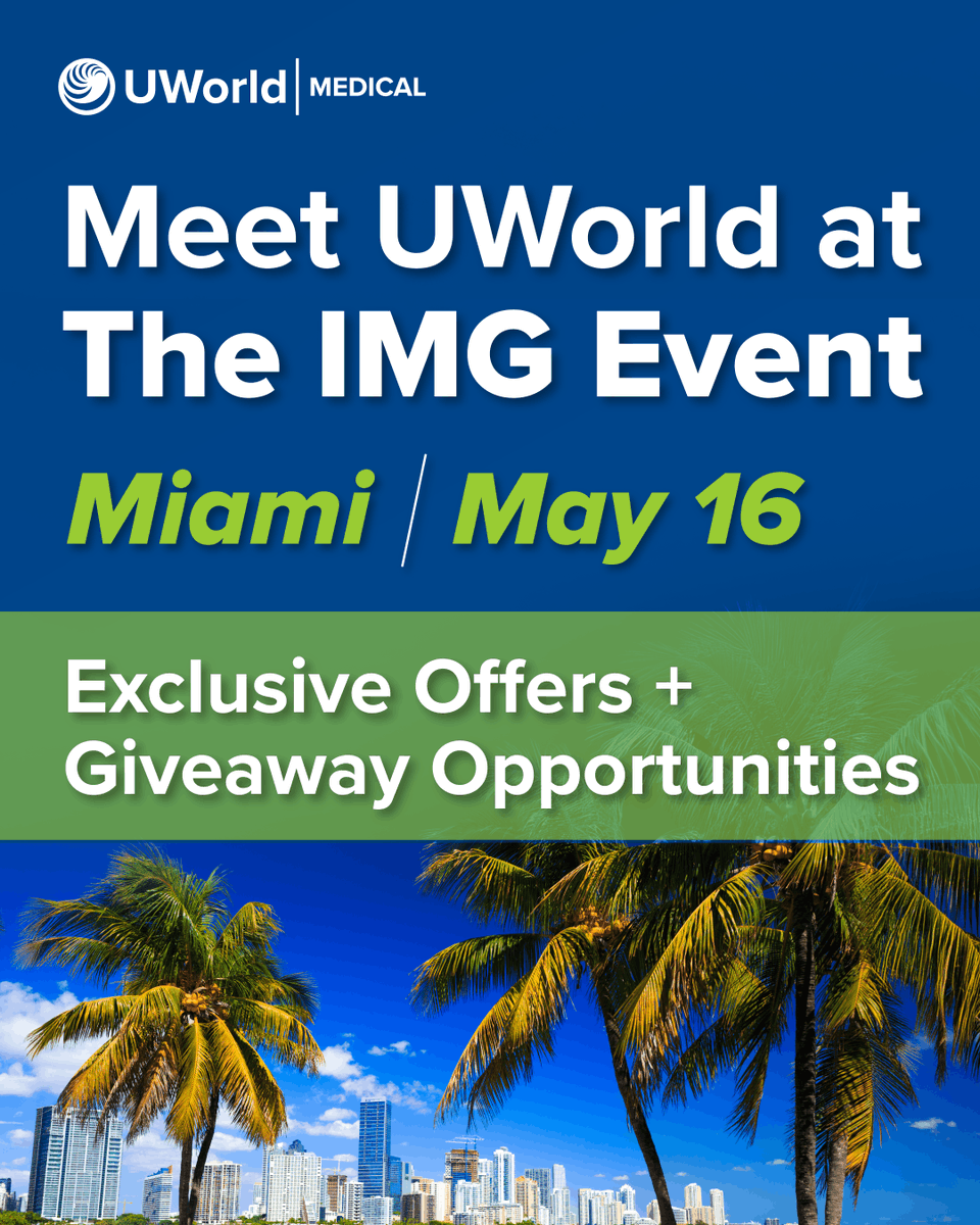 UWorldMedical's tweet photo. 📢 Attention: International medical graduates! Heading to The IMG Event in Miami on Saturday? Stop by and see us for:
✔ Free UWorld swag
✔ Exclusive savings
✔ A raffle for a FREE 180-day USMLE® or Boards QBank
We hope to see you! #projectimg #imgevent #internationalmedicalgraduates #imgcommunity #imgmiami