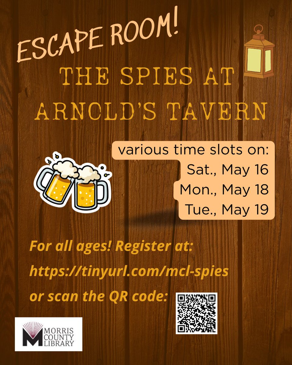 mclib's tweet photo. Escape room fun returns this weekend! Gather your friends and family for “The Spies at Arnold’s Tavern.” Multiple time slots available—register now at:

https://t.co/pyEzBpRWTN

All ages welcome!

@morriscountynj
@morriscounty250
#Morris250
#MorrisCountyLibrary https://t.co/PmjakesrV8