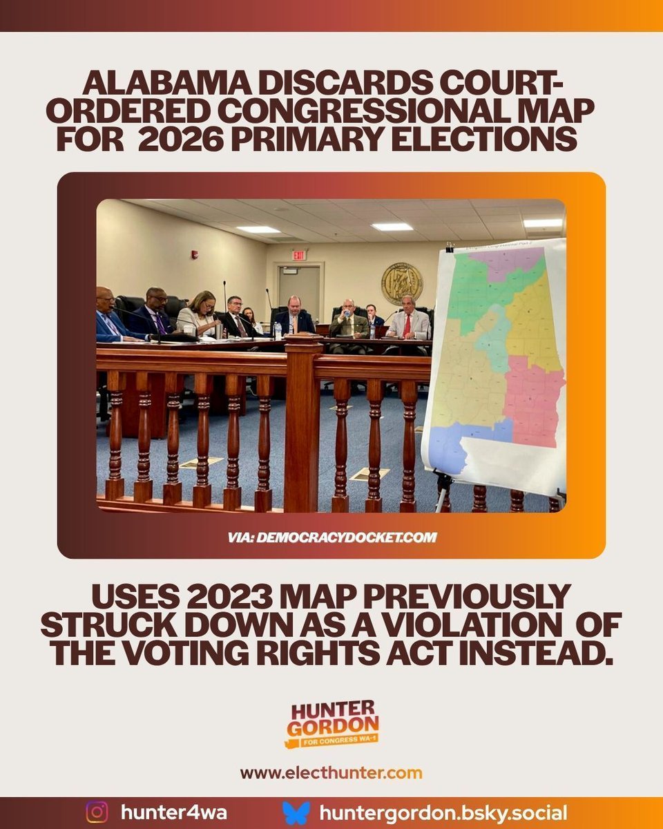 Hunter4WA's tweet photo. The U.S. Supreme Court (SCOTUS) has allowed Alabama to select a different map for this year’s congressional elections in a stunning, last-minute move to interfere with another state primary election that has already begun. https://t.co/P7aguQd0zS