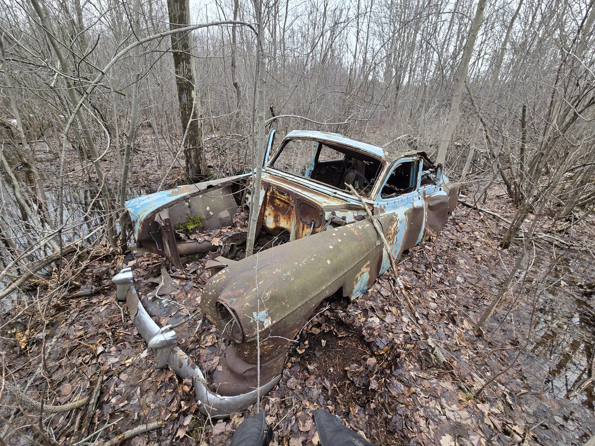 Staucktistic's tweet photo. @TdLeaker There's a 50s chevy bel air rotting in the swamp near my house, despite it being there for decades you can find components that still work like window rollers and wiper mechanisms.  Built in canada with mostly local materials https://t.co/NDyFZaIeQ5