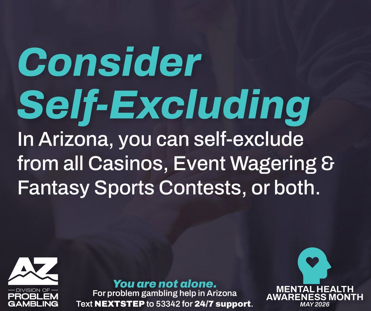 ArizonaDPG's tweet photo. 🫸 Self-care includes knowing when to take a step back. 

💭 Consider self-excluding from #gambling if it's negatively impacting your #mentalhealth. 

🤝 This #MentalHealthAwarenessMonth, let’s take the #NextStep.

🫂 Visit https://t.co/SPz2eyusKK for more info. https://t.co/Tv9FHqkS4c