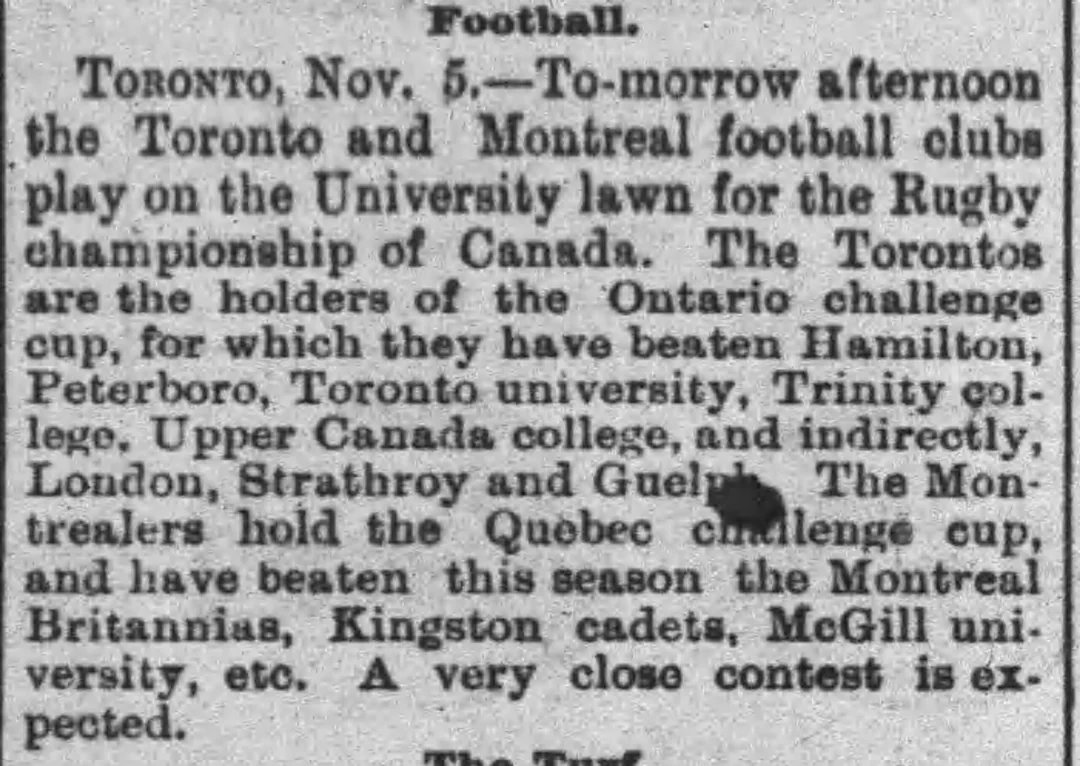 TheCFRS's tweet photo. The Canadian Rugby Football Union (CRFU) was formed in 1884. The 1st Canadian Rugby Football championship was played with Ontario champs Toronto meeting the Quebec champs from Montreal. The game was played Nov 6 in Toronto. Montreal first scored a rouge and went on to win 30-0. https://t.co/je6GXGBMpO