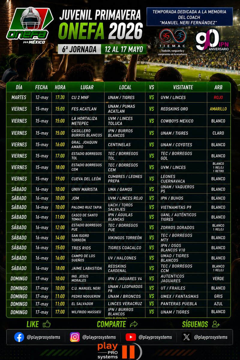 playprosystems's tweet photo. SEMANA 6 JUVENIL DE PRIMAVERA 2026
ONEFA https://t.co/hGQMRmjGsT