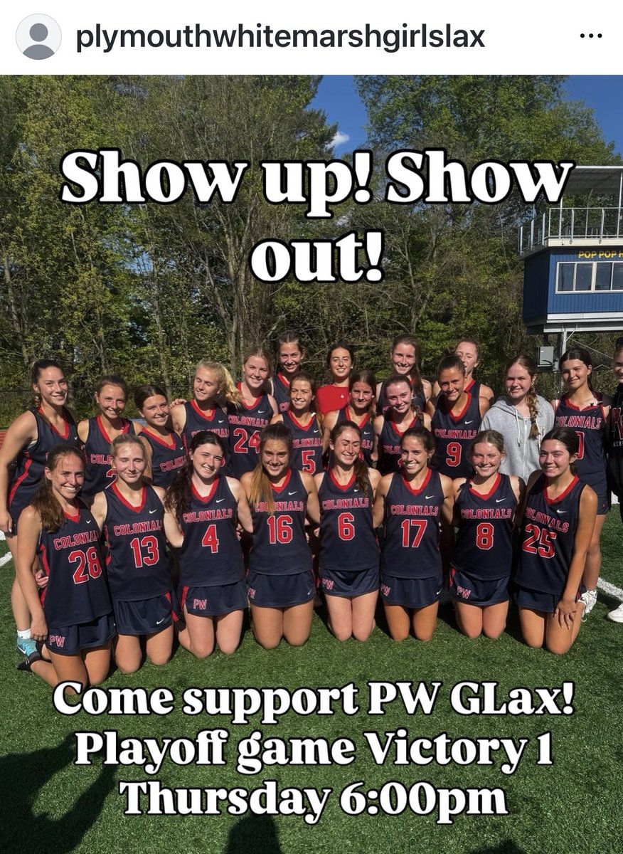 PWGLAXRei's tweet photo. PW Girls Lacrosse Playoff game Thursday 6pm Victory Fields! https://t.co/Cu3cqfpVeq