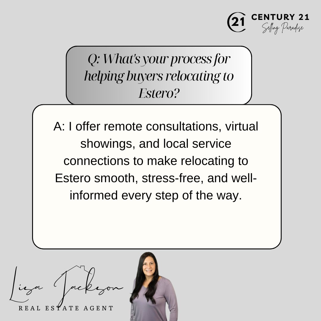 LisaJacksonSWFL's tweet photo. Moving to Estero? I’ve got you covered—virtual tours, remote consults, and trusted local connections.
Relocating doesn’t have to be stressful when you have the right guide.
#WannaKnowWednesday #EsteroLiving #RelocationMadeEasy #lisajacksonsellsfl https://t.co/1b0yH0toex
