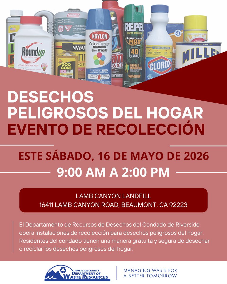 RCWaste's tweet photo. ❗EVENTO DE RECOLECCIÓN❗

🗓️ Sábado, 16 de mayo
🕘 9 AM a 2 PM
📍 Lamb Canyon PHHWCF
16411 Lamb Canyon Road, Beaumont, 92223

Para obtener más información sobre materiales aceptables, llame al (800) 304-2226 o visite nuestro sitio web en https://t.co/33frlPBzze.

#HHW #RCWaste https://t.co/rPUp6reOhz