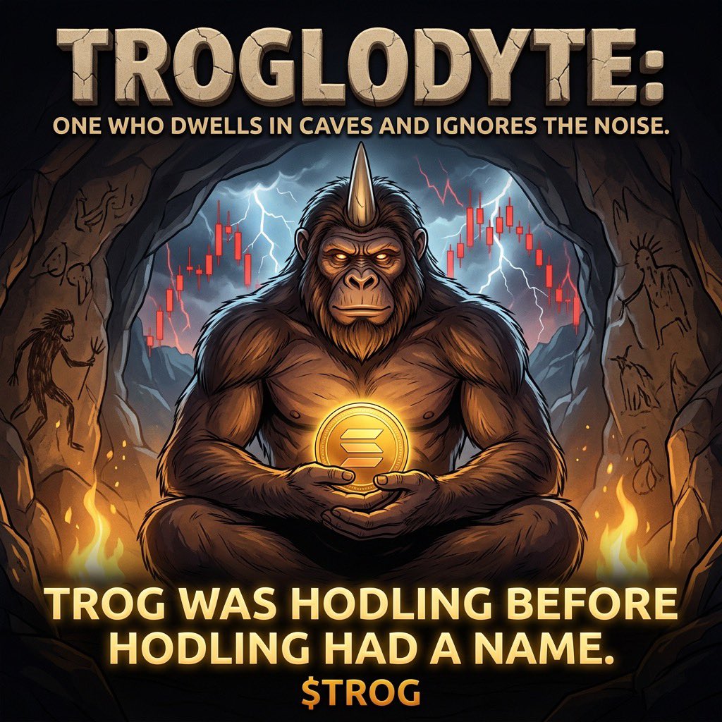 TROGOfficial's tweet photo. While you panic sold, Trog sat in his cave. Unbothered. Holding. 🪨

He’s been doing this 40,000 years before you found crypto.

This is $TROG. The original degen. On Solana.

$TROG $SOL #TROG #Solana #Memecoin #Degen #DiamondHands #HODL #CryptoTwitter https://t.co/BFXYkxBlR4